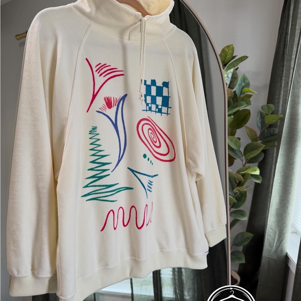 Cream Graphic Zip-Neck Pullover Sweatshirt